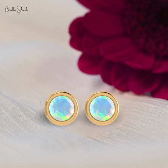 Round Brilliant Cut Opal Stud Earrings With 14K Solid Gold