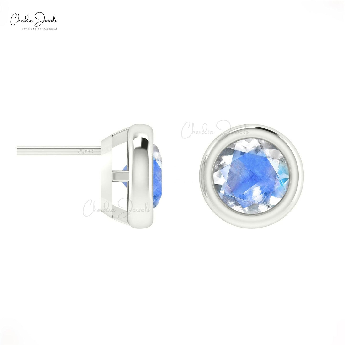 0.28 Carats Round Rainbow Moonstone Solitaire Stud Earrings In 14k Solid Gold
