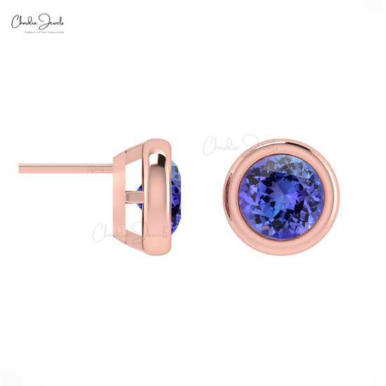 Load image into Gallery viewer, Genuine Tanzanite December Birthstone  Solitaire Studs 14k Real Gold Dainty Jewelry 5mm Round Cut Push Back Earrings For Easter Day
