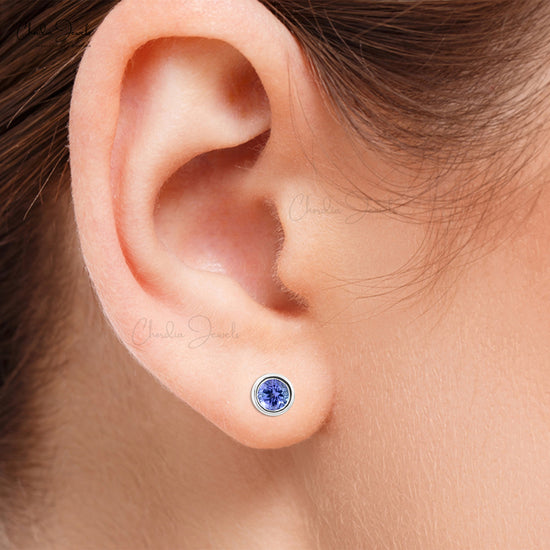 Load image into Gallery viewer, Round-Cut Tanzanite Solitaire Studs Earrings in 14k Solid White Gold Minimalist Jewelry
