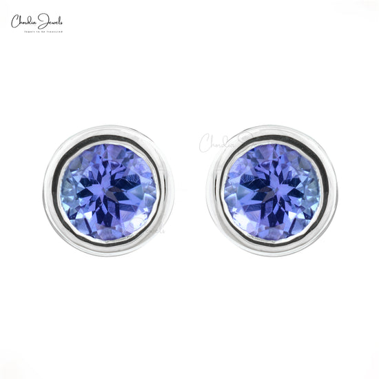 Load image into Gallery viewer, Sparkling Blue Tanzanite Solitaire Earrings 0.98Ct Round Gemstone Push Back Studs 14k Real Gold Summer Jewelry For Gift
