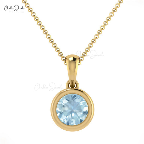 Natural Aquamarine Solitaire Pendant Necklace March Birthstone Round Cut Gemstone Pendant in 14k Solid Gold Valentine's Day Gift For Love Ones