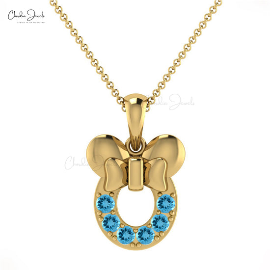 AAA Quality 2mm Round Brilliant Cut Natural Swiss Blue Topaz Kids Pendant 14k Solid Gold Pave Set Gemstone Mickey Mouse Pendant Light Weight Jewelry