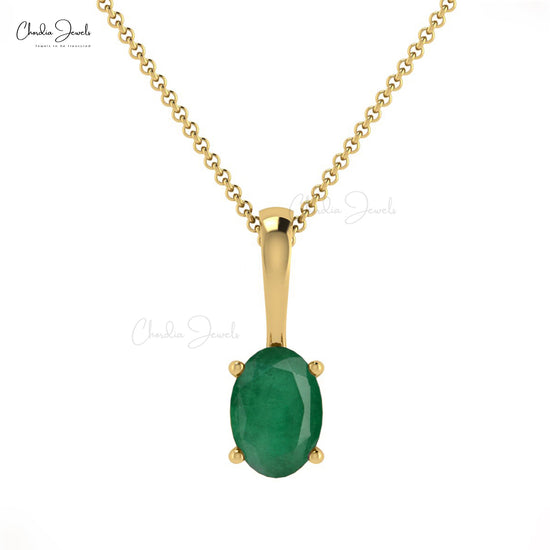 Solid 14k Gold Emerald Gemstone Pendant Natural May Birthstone Prong Set Pendant For Her