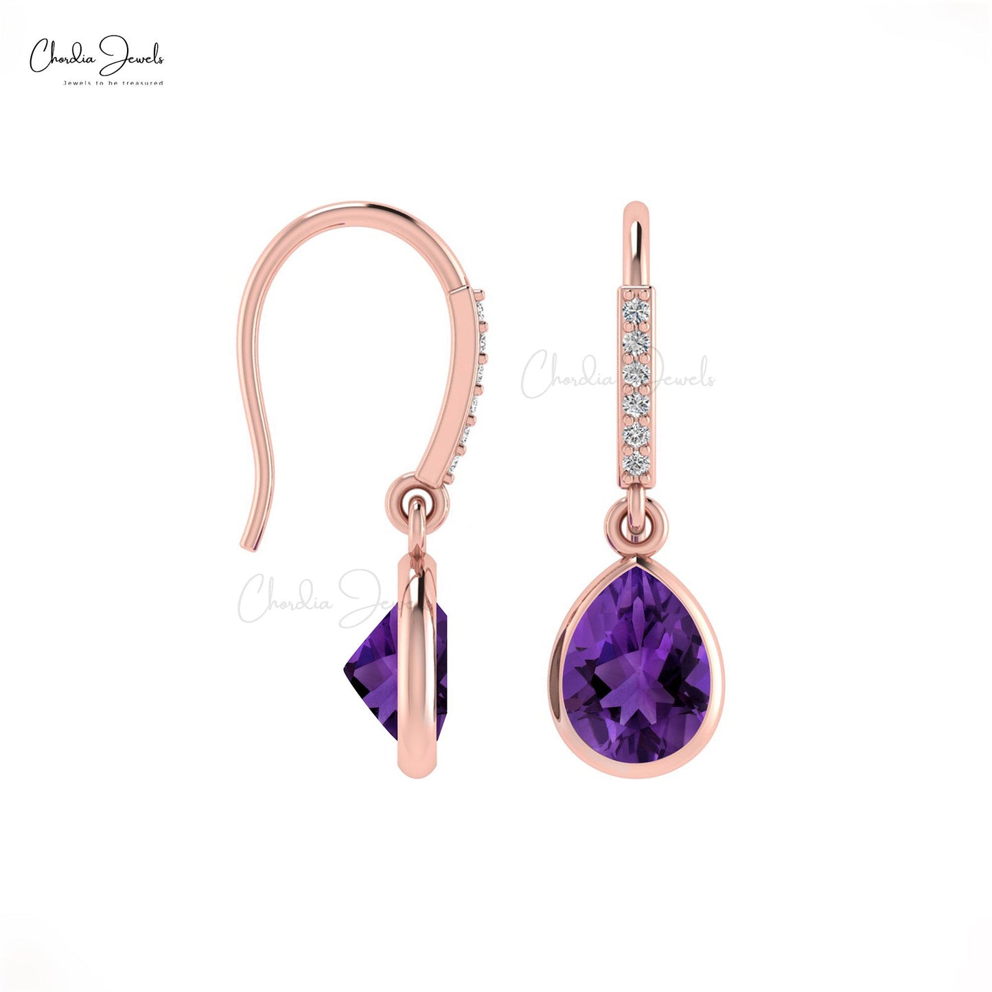 amethyst drop earrings rose gold in pear shaped with diamond accent