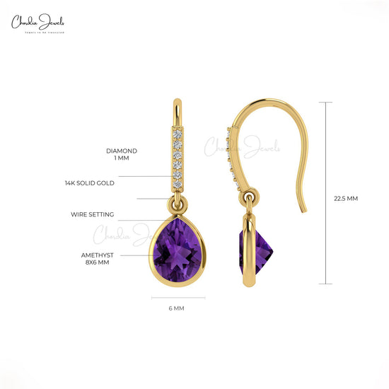 amethyst drop earrings yellow gold in pear shaped with diamond accent