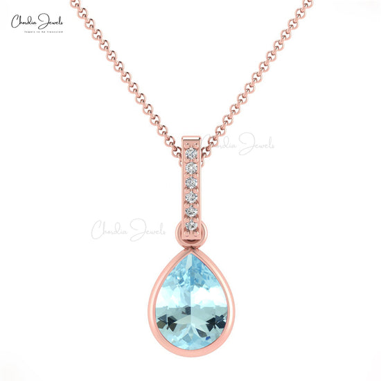 New Design Water Drop 14k Real Gold Pendant Necklace Authentic Aquamarine and White Diamond Pendant Minimalist Jewelry For Wedding Gift