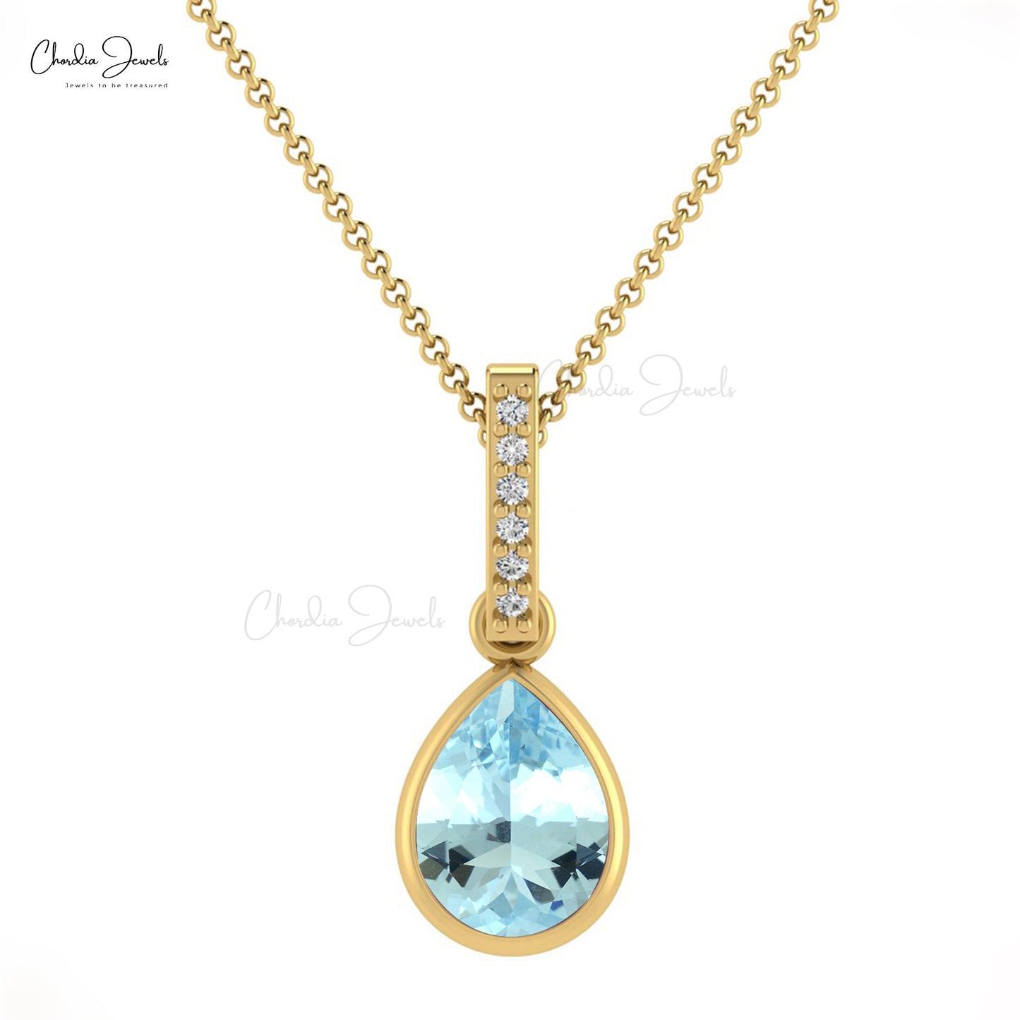 Dangle Tear Drop Charm in 14k Solid Gold Aquamarine And Diamond Bar Hallmarked Pendant