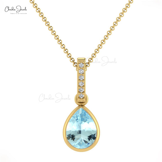 Dangle Tear Drop Charm in 14k Solid Gold Aquamarine And Diamond Bar Hallmarked Pendant