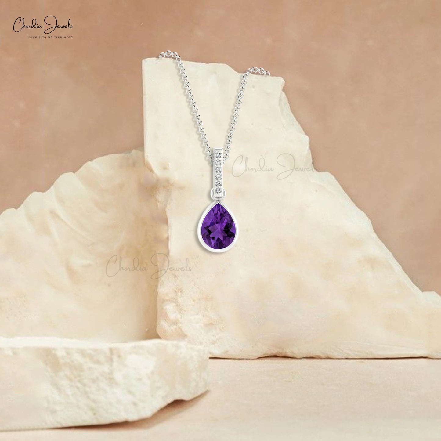 Natural Amethyst and Diamond Pendant, 14k Solid Gold Gemstone Pendant, 8x6mm Pear Shape Gemstone Pendant Gift for Wife