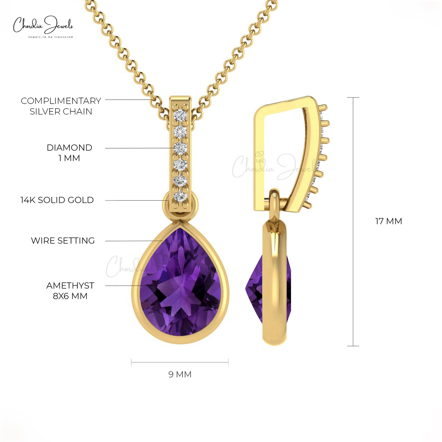 Load image into Gallery viewer, Natural Amethyst and Diamond Pendant, 14k Solid Gold Gemstone Pendant, 8x6mm Pear Shape Gemstone Pendant Gift for Wife
