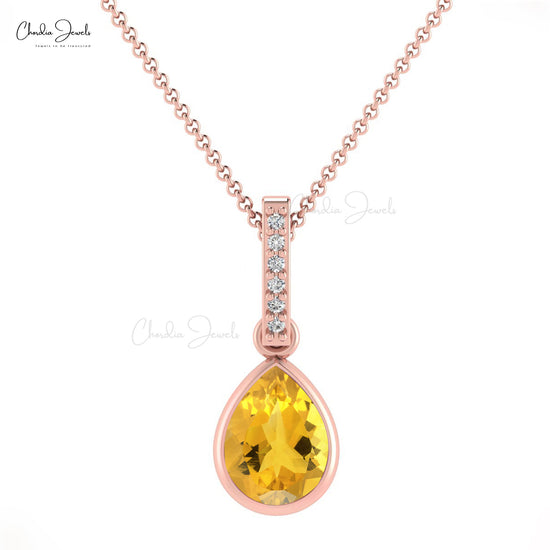 Exquisite Natural White Diamond Drop Pendant Necklace 8x6mm Pear Shape Yellow Citrine Gemstone Pendant in 14k Solid Gold Bridesmaid Gift