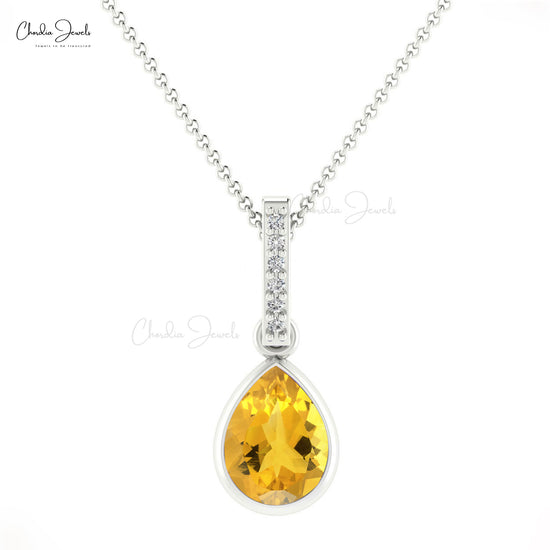 Exquisite Natural White Diamond Drop Pendant Necklace 8x6mm Pear Shape Yellow Citrine Gemstone Pendant in 14k Solid Gold Bridesmaid Gift