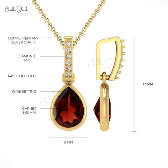 Natural Pear Cut Garnet Drop Pendant with White Diamond in 14K Gold