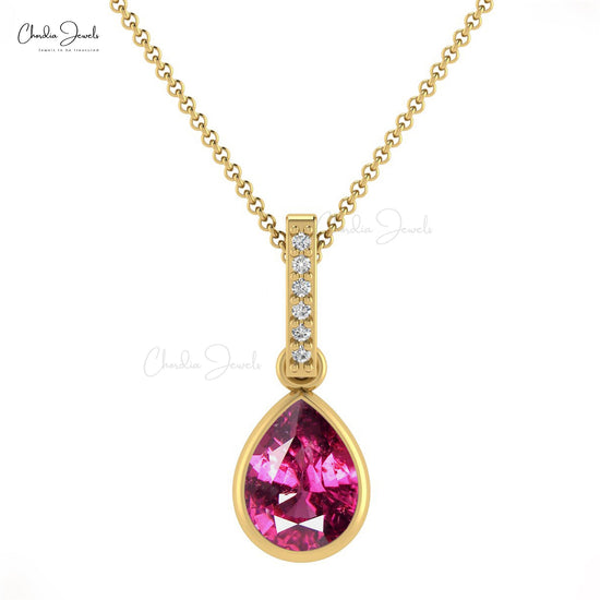 Load image into Gallery viewer, Rhodolite Garnet Drop Pendant 14K Gold with G-H Diamond January Birthstone
