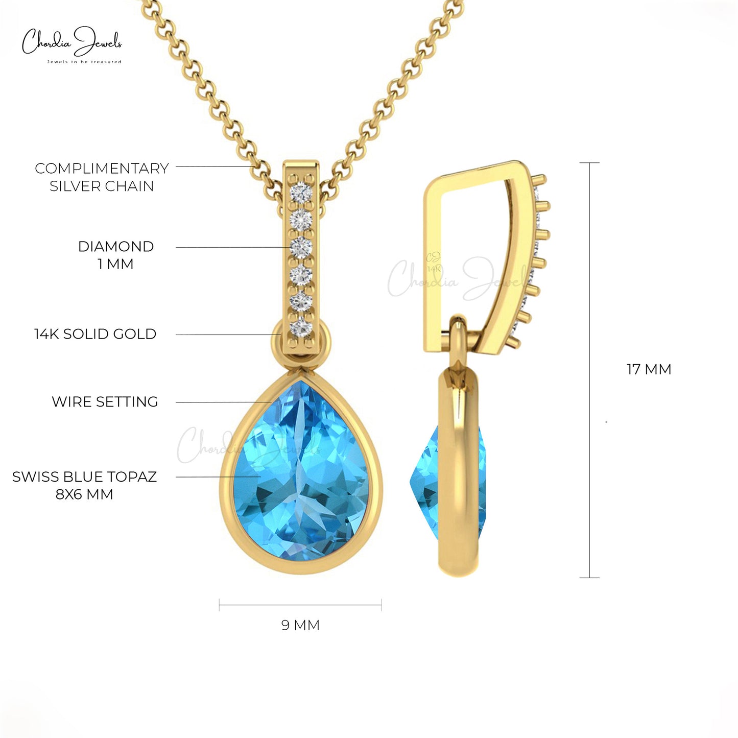 Swiss Blue Topaz Drop Pendant in 14K Gold for Gift
