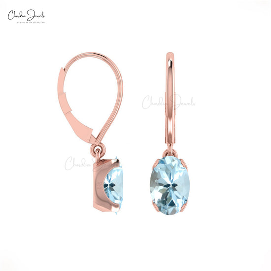 Aquamarine Oval Dangle Lever Back Earrings in 14k Gold