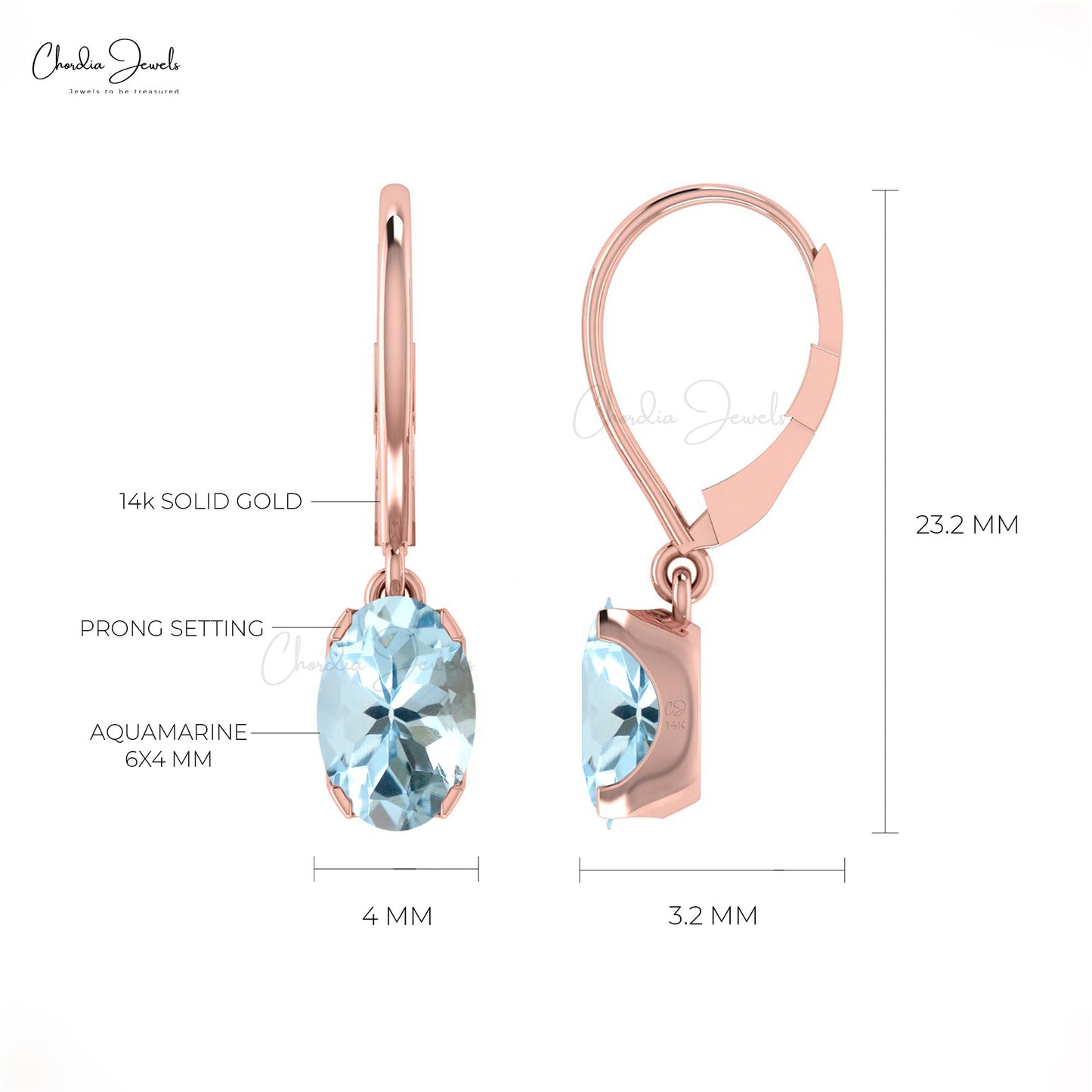 Aquamarine Oval Dangle Lever Back Earrings in 14k Gold