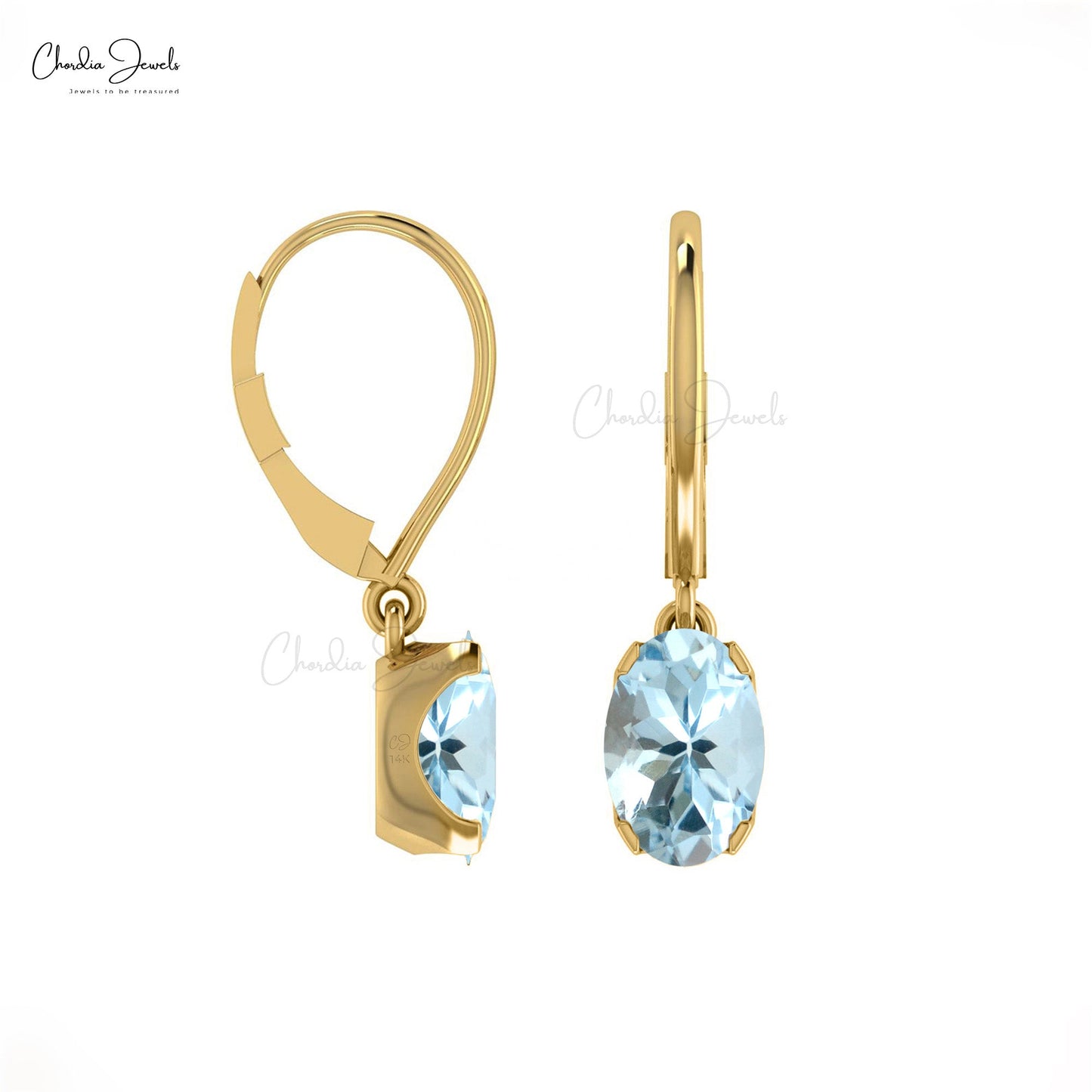 Aquamarine Oval Dangle Lever Back Earrings in 14k Gold