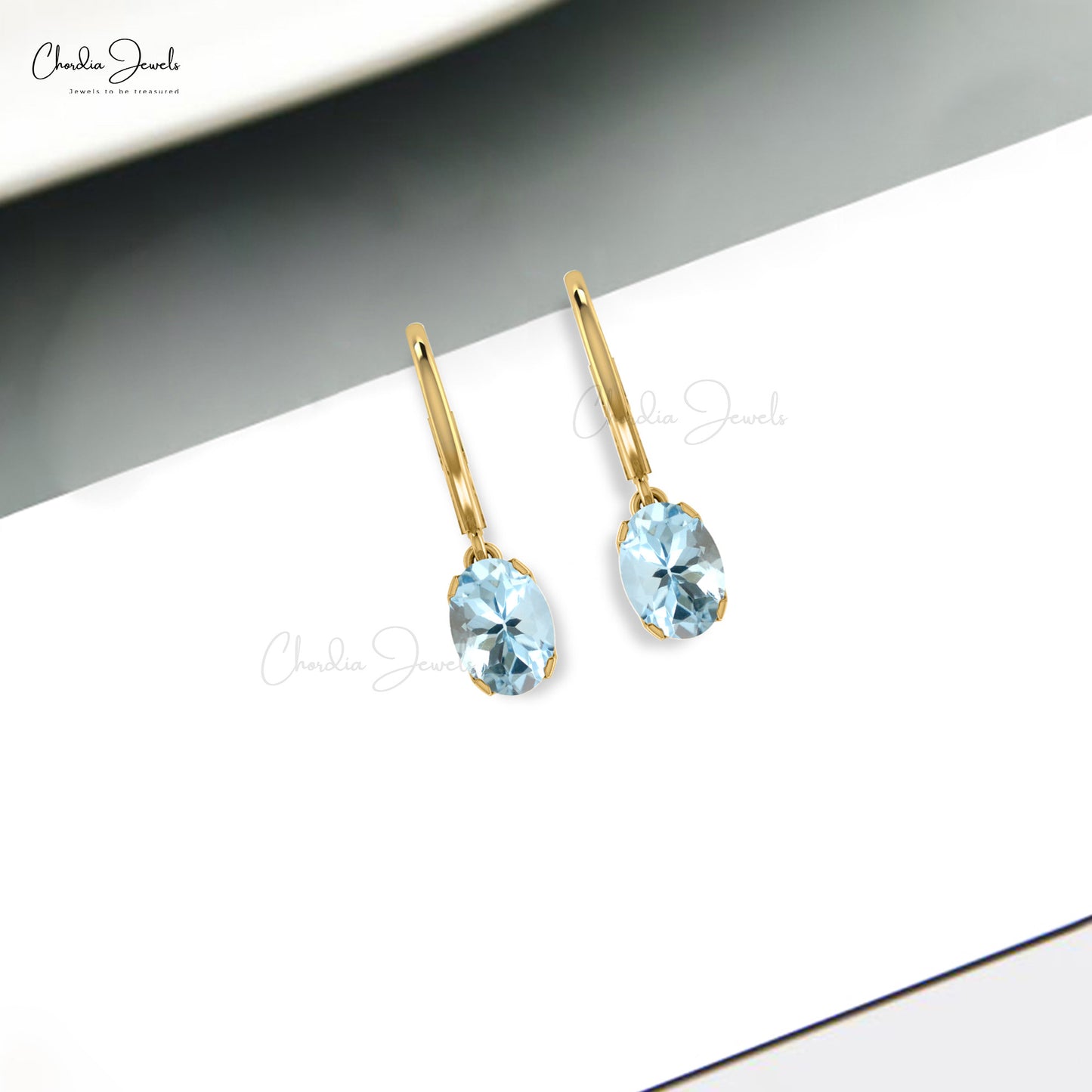 Aquamarine Oval Dangle Lever Back Earrings in 14k Gold