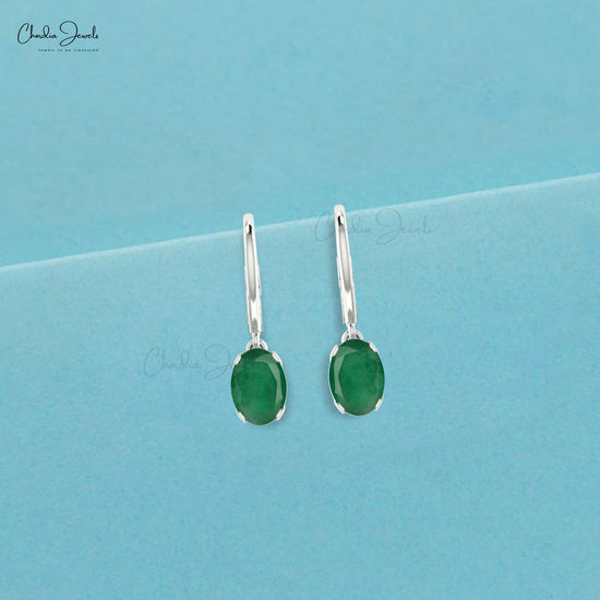 Load image into Gallery viewer, Genuine Emerald Dangling Earrings 14k Real Gold 6x4mm Oval Cut Lever Back Minimalist Hallmarked Earrings For Her
