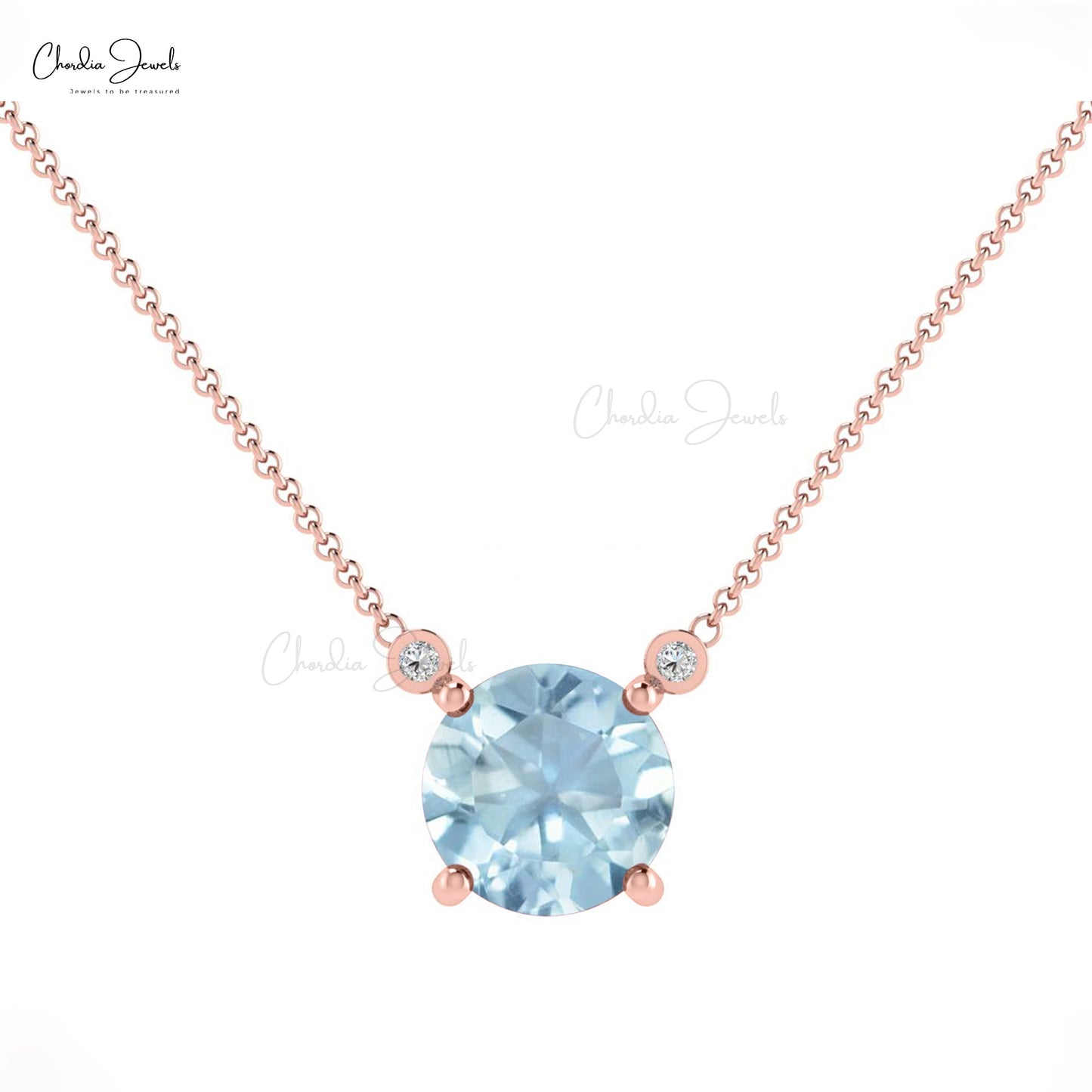 Prong Set 0.75ct Aquamarine Gemstone Necklace 14k Solid Gold Diamond Accented Dainty Necklace