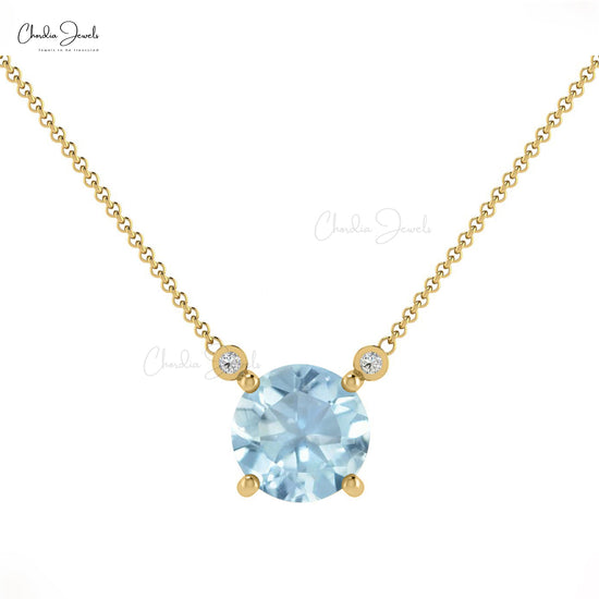 Prong Set 0.75ct Aquamarine Gemstone Necklace 14k Solid Gold Diamond Accented Dainty Necklace