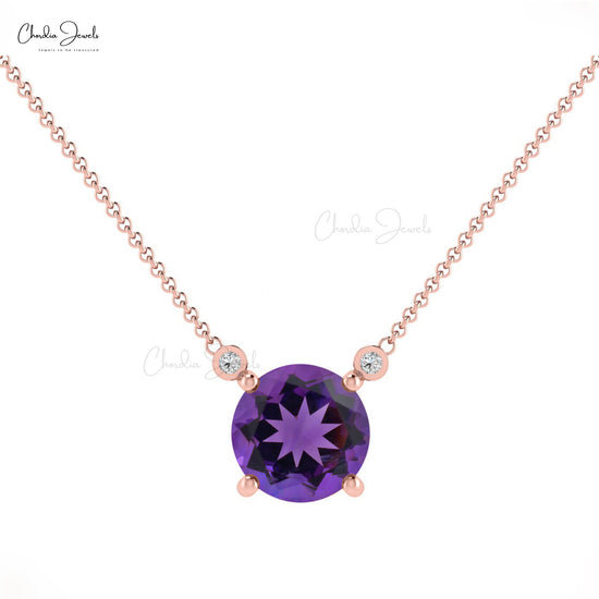 Small Solitaire Necklace With 0.7ct Amethyst & Diamond Accents 14k Solid Gold Simple Necklace For Her