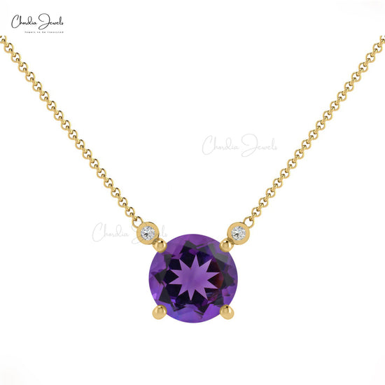 Load image into Gallery viewer, Natural Amethyst Necklace, 14k Solid Gold Diamond Necklace, 6mm round Gemstone Necklace Gift for her
