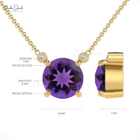 Small Solitaire Necklace With 0.7ct Amethyst & Diamond Accents 14k Solid Gold Simple Necklace For Her