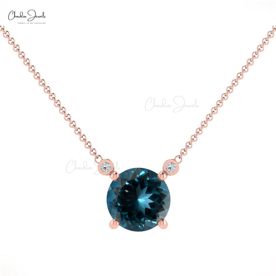 6mm Round Gemstone Handmade Necklace, Natural London Blue Topaz Necklace, 14k Solid Gold Diamond Accented Necklace, Wedding Necklace Gift for Her