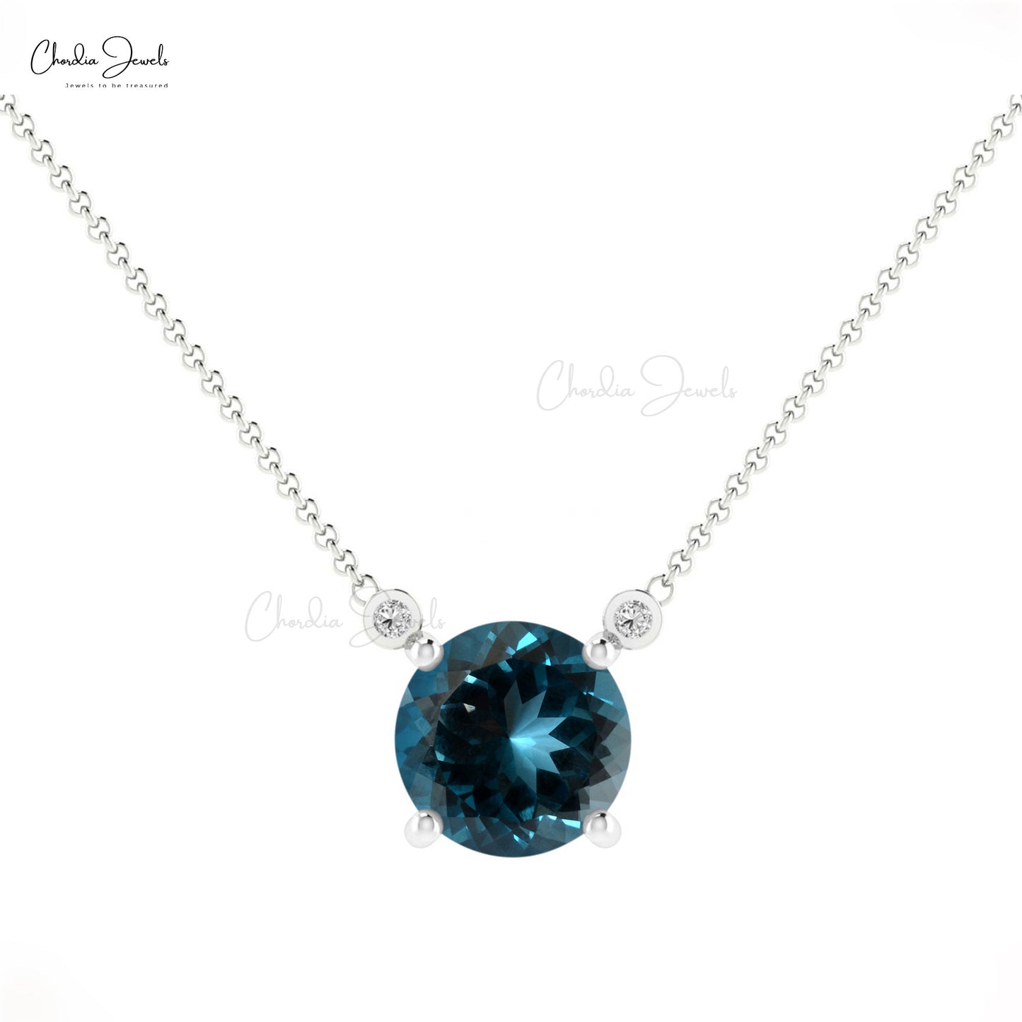 6mm Round Gemstone Handmade Necklace, Natural London Blue Topaz Necklace, 14k Solid Gold Diamond Accented Necklace, Wedding Necklace Gift for Her
