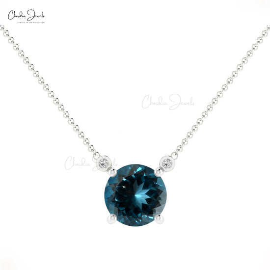 6mm Round Gemstone Handmade Necklace, Natural London Blue Topaz Necklace, 14k Solid Gold Diamond Accented Necklace, Wedding Necklace Gift for Her