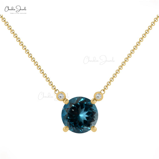 6mm Round Gemstone Handmade Necklace, Natural London Blue Topaz Necklace, 14k Solid Gold Diamond Accented Necklace, Wedding Necklace Gift for Her