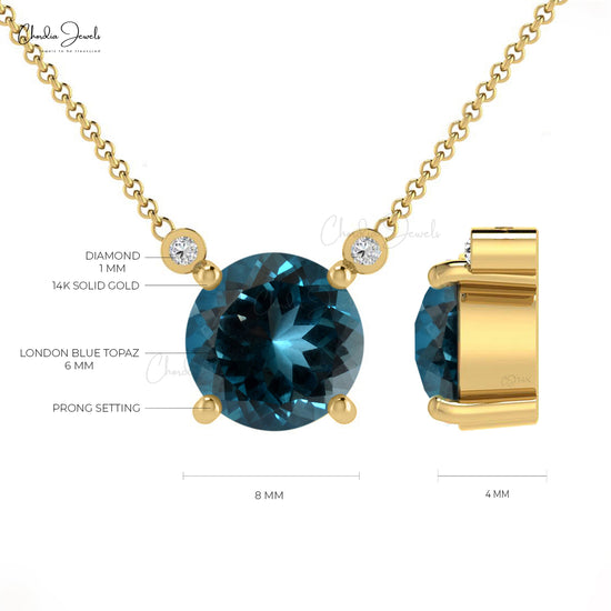 6mm Round Gemstone Handmade Necklace, Natural London Blue Topaz Necklace, 14k Solid Gold Diamond Accented Necklace, Wedding Necklace Gift for Her