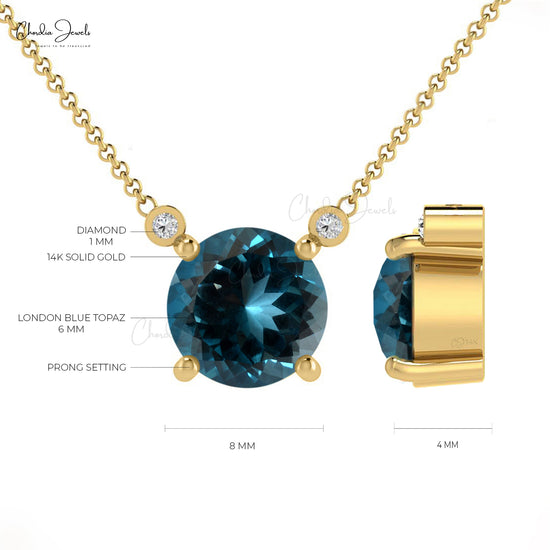 Load image into Gallery viewer, 6mm Round Gemstone Handmade Necklace, Natural London Blue Topaz Necklace, 14k Solid Gold Diamond Accented Necklace, Wedding Necklace Gift for Her
