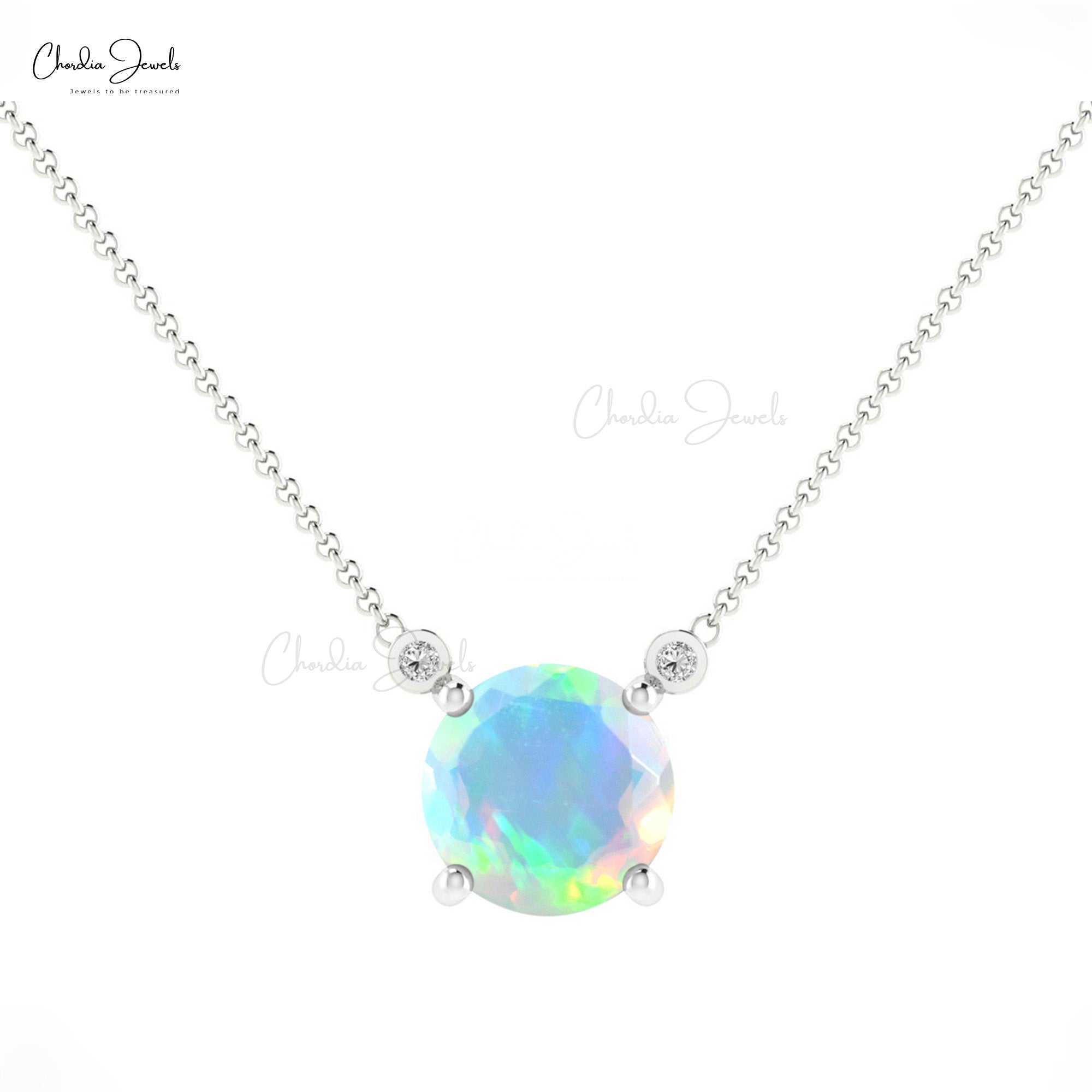 Natural Ethiopian Opal and Diamond Necklace, 14k Solid Gold 6mm Round