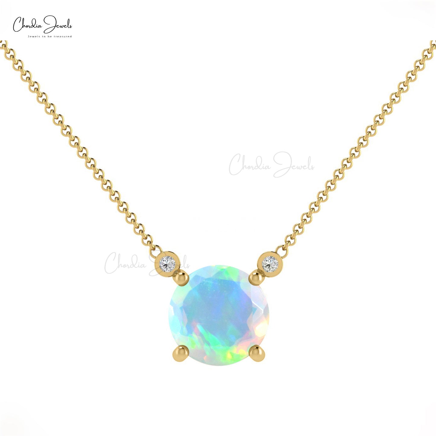 Natural Ethiopian Opal and Diamond Necklace, 14k Solid Gold 6mm Round Gemstone Handmade Necklace, Wedding Anniversary Necklace Gift for Her