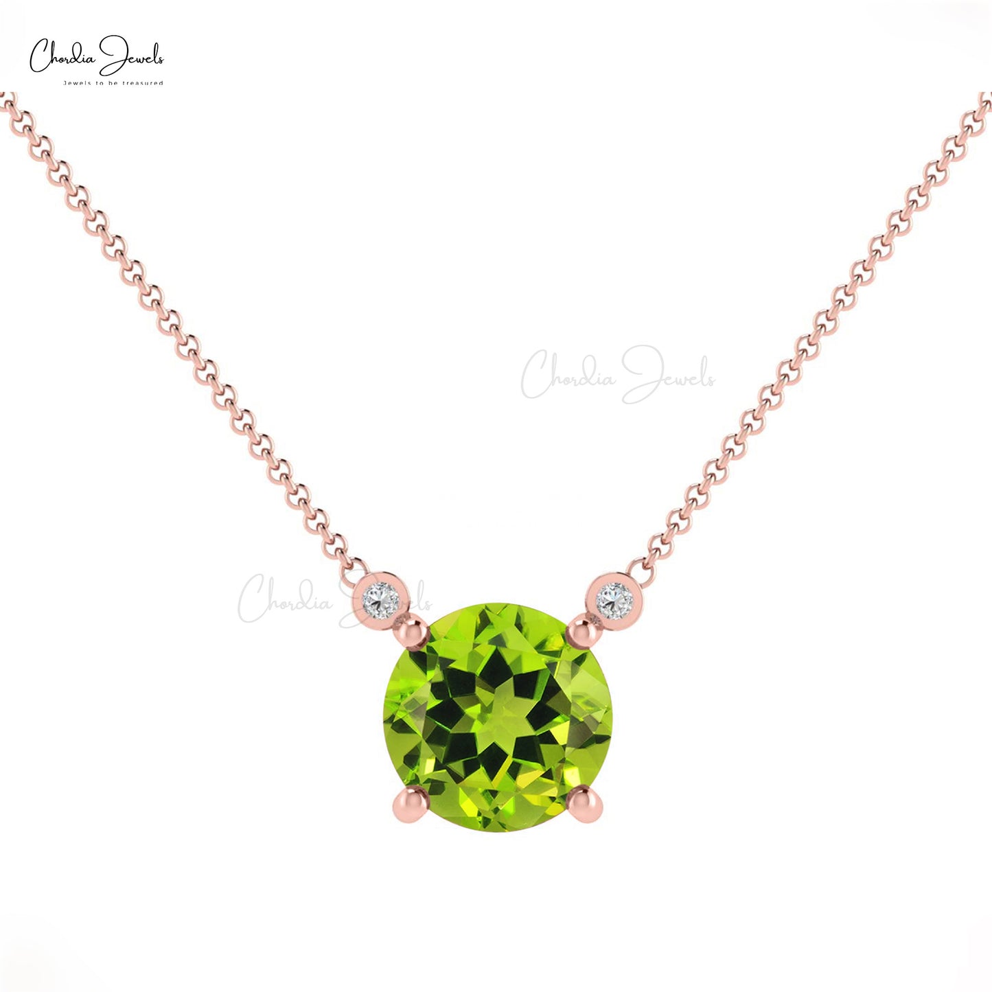 Solitaire Necklace With Genuine Peridot & Diamond Accents 14k Solid Gold Prong Set Birthstone Necklace