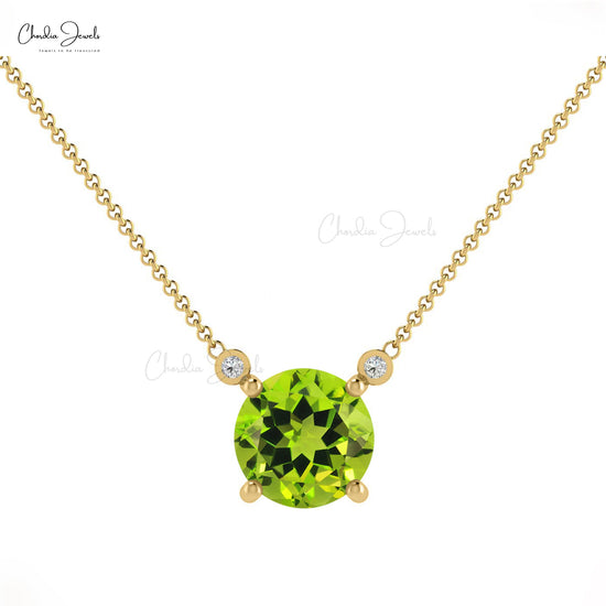 Load image into Gallery viewer, Natural Peridot &amp;amp; Diamond Wedding Necklace, 14k Solid Gold Necklace, 6mm Round August Birthstone Necklace, Gift for Her
