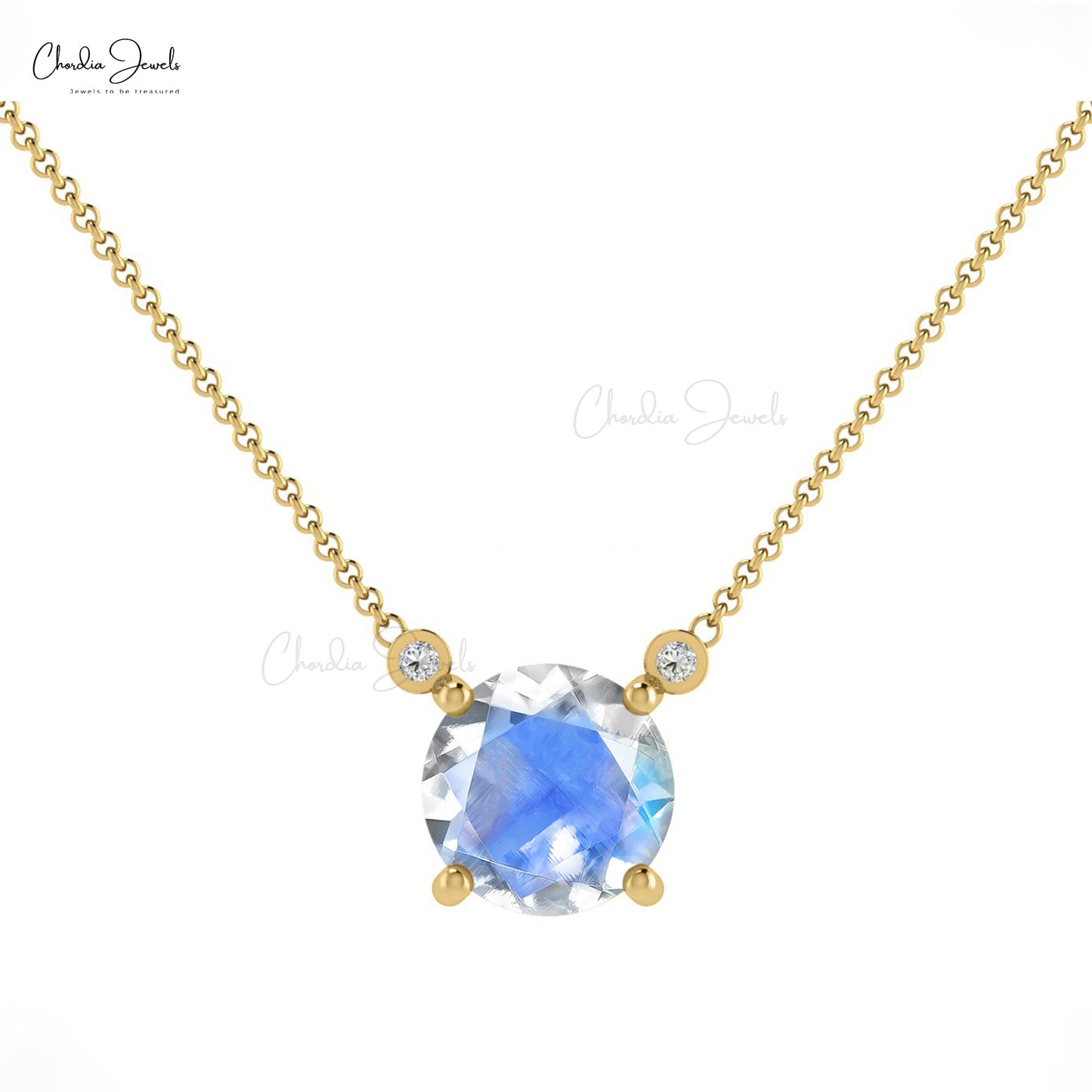 Load image into Gallery viewer, Natural Rainbow Moonstone Necklace, 14k Solid Gold Diamond Wedding Necklace, 6mm Round Faceted June Birthstone Necklace, Gift for Her
