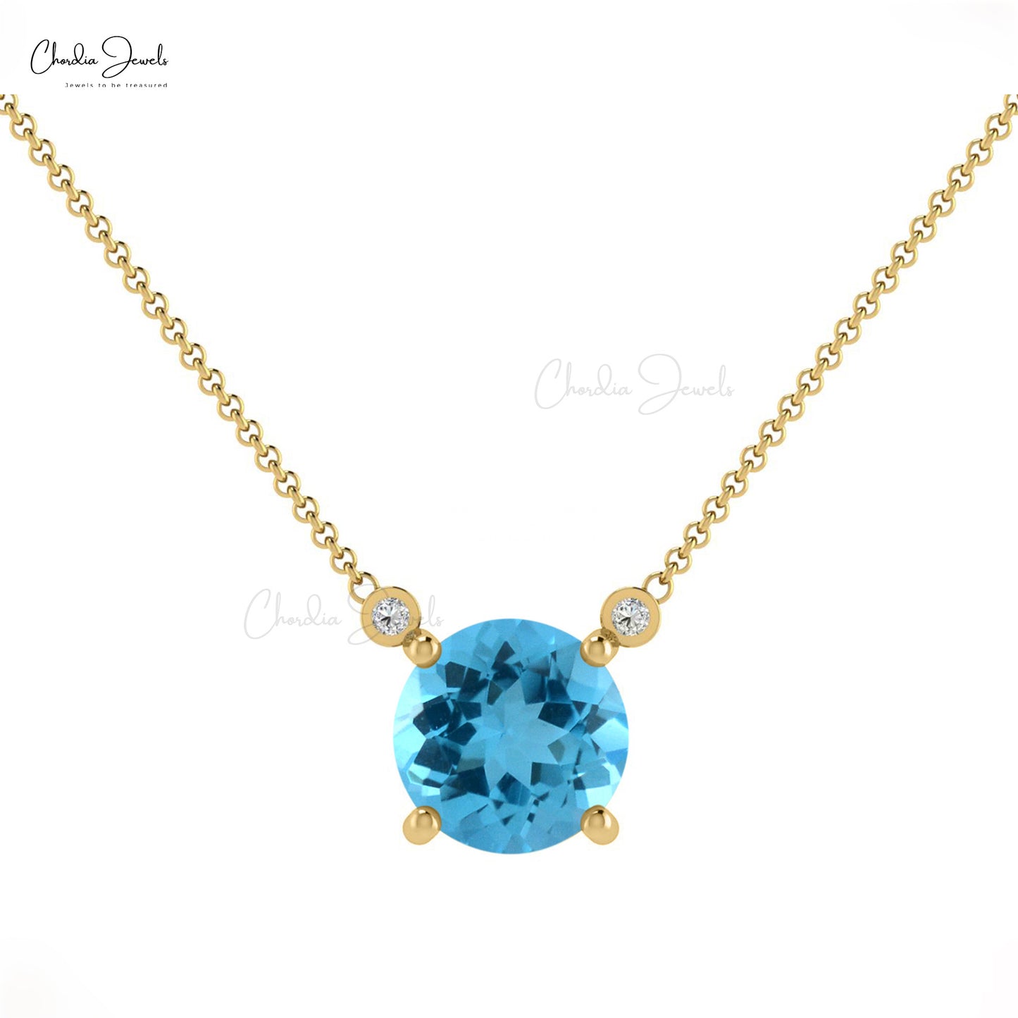 Genuine 1Ct Round Swiss Blue Topaz Necklace 14k Real Gold Gemstone & Diamond Birthstone Jewelry Gift
