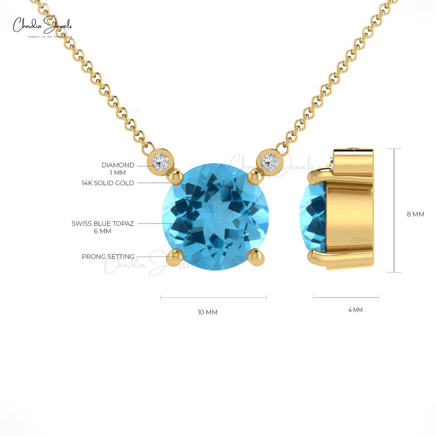 Genuine 1Ct Round Swiss Blue Topaz Necklace 14k Real Gold Gemstone & Diamond Birthstone Jewelry Gift