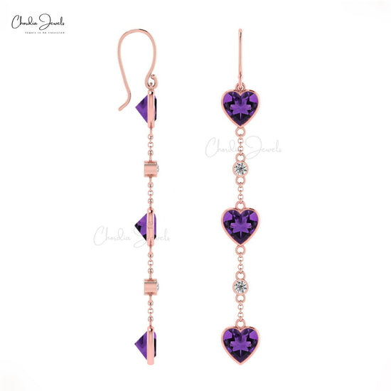 14k Rose Gold stunning 6mm Heart Shaped Amethyst Drop Dangle enriched by the pave set diamond accents