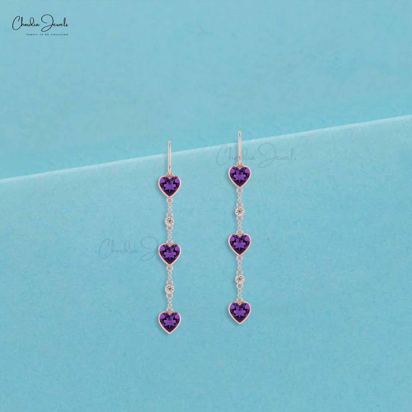 14k Rose Gold stunning 6mm Heart Shaped Amethyst Drop Dangle enriched by the pave set diamond accents
