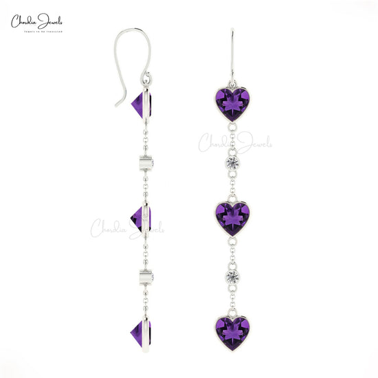 14k White Gold stunning 6mm Heart Shaped Amethyst Drop Dangle enriched by the pave set diamond accents