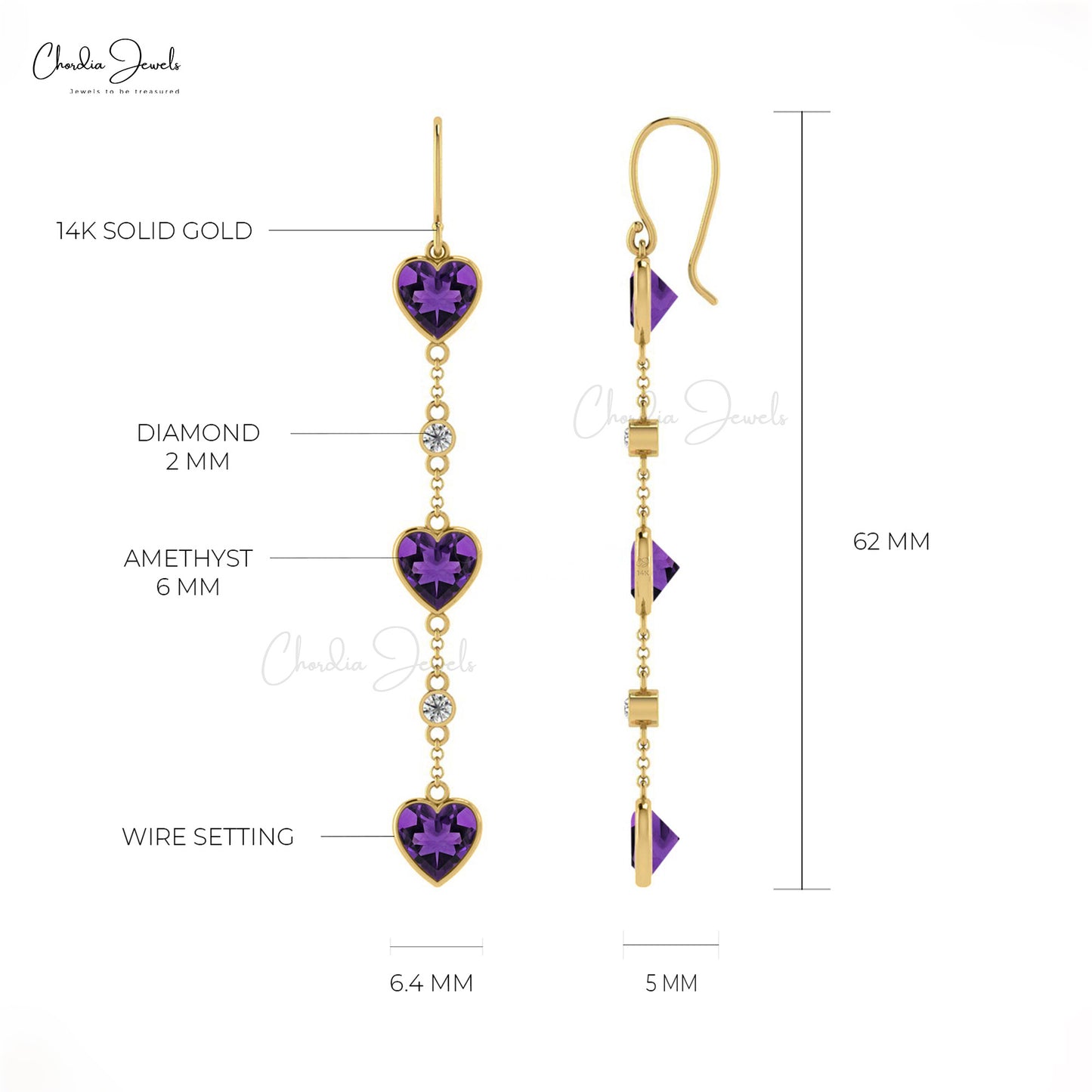 14k Gold stunning 6mm Heart Shaped Amethyst Drop Dangle enriched by the pave set diamond accents
