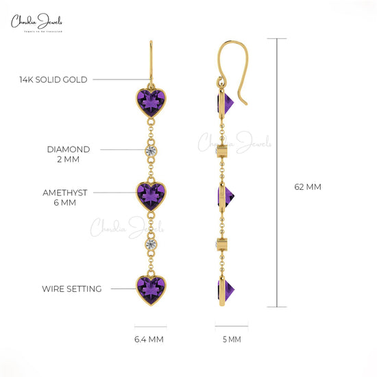 14k Gold stunning 6mm Heart Shaped Amethyst Drop Dangle enriched by the pave set diamond accents