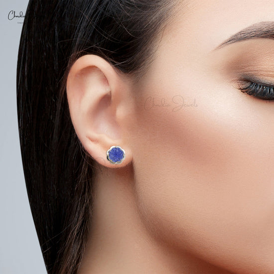 Carved Gemstone Studs With 8mm Tanzanite Push Back Minimal Earrings In 14k White Gold