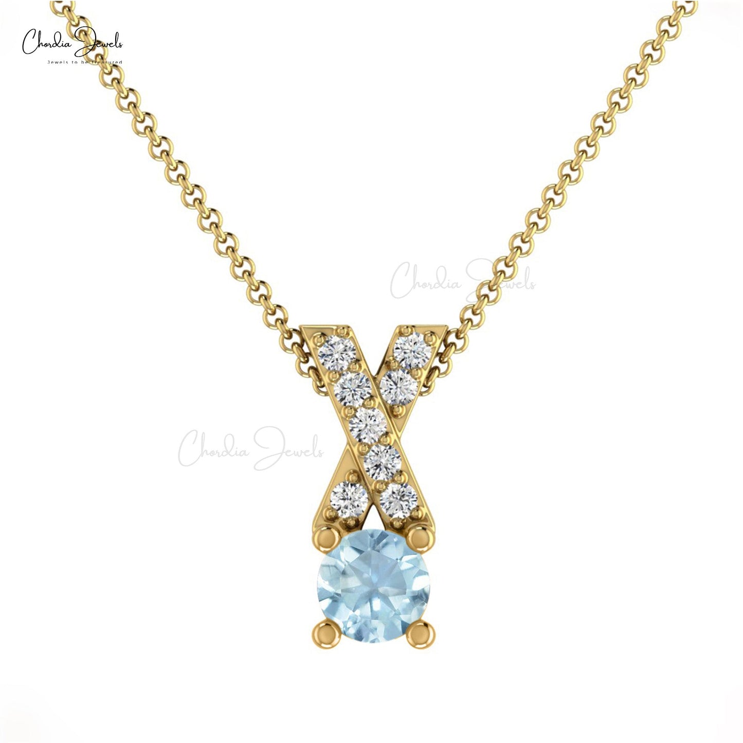 Natural Aquamarine Criss Cross Pendant in 14K Gold for Anniversary